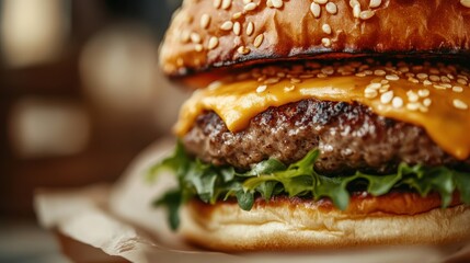 A mouth-watering image of a cheeseburger featuring a juicy patty topped with melted cheese, fresh crisp lettuce, all sandwiched in a golden sesame seed bun.