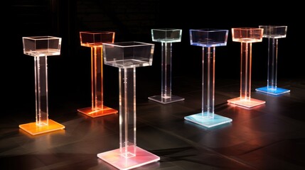 Wall Mural - a row of six clear acrylic pedestals with colored lights, illuminating the bases with a soft glow.
