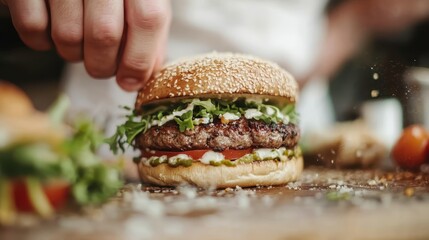 A hand assembling a juicy burger with fresh vegetables and sesame seed bun on a wooden surface, highlighting the process of crafting delicious, homemade fast food.