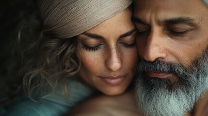 A close-up view of two individuals in a peaceful embrace. One is wearing a tan turban while the other's wavy hair contrasts against the background, depicting serenity.