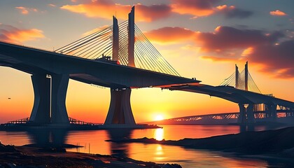 Cinematic sunset highlights a modern bridge under construction, showcasing innovative architectural design and breathtaking colors.