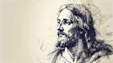 Sketch of Jesus Christ on white background with copy space