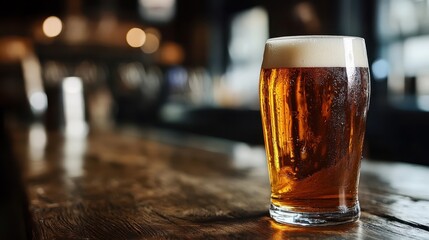 A tall pint of beer with a frothy head placed on a wooden bar counter, showcasing the deep amber hue of the drink in a pub-like environment with blurred background.