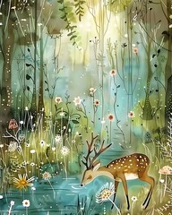 Poster - painting of a deer drinking water in a forest with flowers