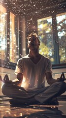 Wall Mural - arafed man sitting in a lotus position in front of a window