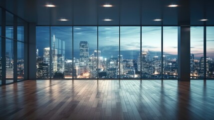 A stunning view of a city skyline at night, seen from a high-rise office building. The room is empty, with a wooden floor and large windows.