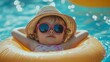 © The Little Hut - Cute funny toddler girl in a hat and sunglasses relaxing on inflatable toy ring floating in pool have fun during summer vacation Child having fun in swimming pool : Generative AI