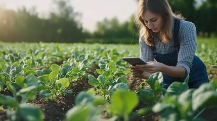 Fototapete - Smart farming soybean technology Female farmer with digital tablet examines and checkins roots of soya plants in field Agronomist controls the growth and development of sprouts before  : Generative AI