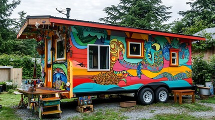 Wall Mural - brightly painted house with a table and chairs in front of it