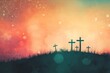 © Daria - Sunset resurrection  crosses on a hill with abstract glittering sky and vintage color effects