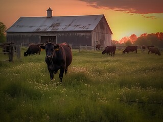 Wall Mural - cows grazing in a field in front of a barn at sunset