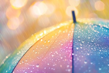 Vibrant rainy day photography  colorful rainbow umbrella with abstract drops and light effects