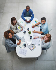 Leinwandbilder - Above, business and employees with smile for meeting on portrait for strategy, planning and brainstorming. People, paperwork and office as research analyst for project with teamwork and collaboration