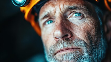 A person in orange safety gear is depicted with a blurred face, emphasizing the bright headlamp on their helmet, against an indiscernible backdrop, suggesting labor or industrial setting.