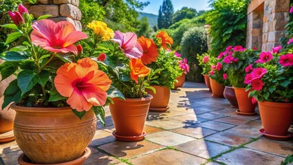 Vibrant pink and orange hibiscus flowers bloom in terra cotta pots on a sunny patio, surrounded by lush greenery and natural stone flooring.