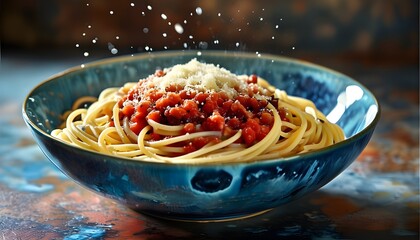 Whimsical pasta bowl overflowing with vibrant indigo and crimson liquid, capturing natures joy in a playful photobashing style