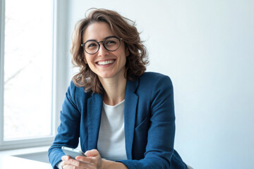 Wall Mural - An European businesswoman in her 30s, wearing glasses, is happily smiling while sitting in her office in front of a window.