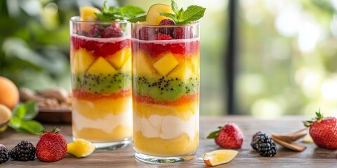 Canvas Print - Layered fruit smoothie with kiwi, mango, and raspberries.