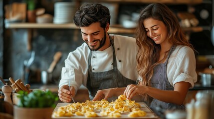 Friends making pasta dinner in small kitchen.