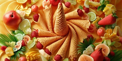 Wall Mural - Fruit-filled waffle cones surrounded by tropical fruit.