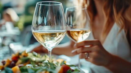 Two women are drinking wine Two glasses of white wine in female hands Lunch at restaurant Wine and vegetable salad Italian food Italian restaurant Soft focus : Generative AI