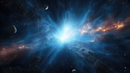 Wall Mural - A mesmerizing cosmic scene with a bright star at the center, surrounded by swirling nebulas and distant planets.