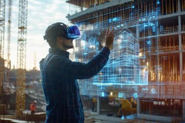 Wall Mural - futuristic architect with ar headset creating 3d building models at active construction site