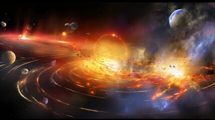 Wall Mural - A vibrant and dramatic depiction of a celestial collision, with planets and stars colliding in a fiery explosion.