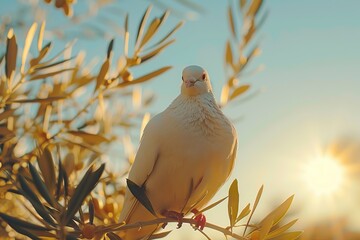 Wall Mural - White Dove Perched on Branch at Sunset