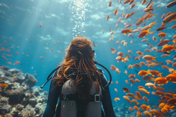 Scuba diver is exploring a beautiful coral reef full of colorful fish