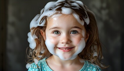 Wall Mural - Joyful childhood moments captured with a young girl delightfully smiling, her face adorned with light soap foam after a fun washing experience