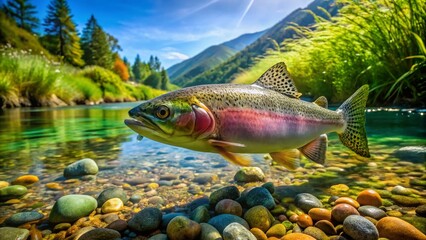 Vibrant rainbow trout swims in crystal-clear mountain stream, its iridescent scales glimmering in sunlight, surrounded by lush green aquatic plants and smooth river rocks.