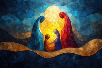 Wall Mural - modern abstract nativity scene geometric shapes forming mary joseph and baby jesus warm golden light rich jewel tones and minimalist design on deep blue background