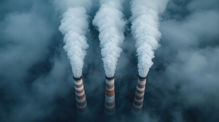 Three industrial smokestacks releasing thick white smoke into the atmosphere, emphasizing the scale of industrial pollution and its contribution to global environmental issues.