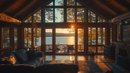 Cozy cabin interior with large windows showcasing a sunset over a lake.