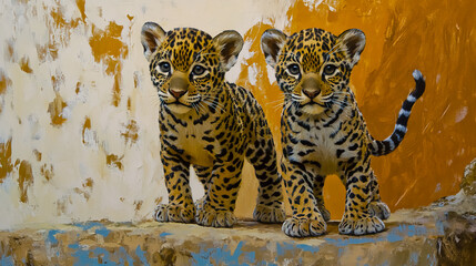 A couple of baby jaguars standing next to each other on a colored background.