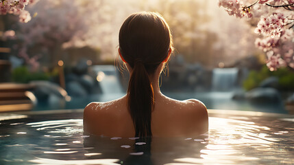 Realistic back view of a woman soaking in a luxury hotel hot spring bath surrounded by cherry blossoms in front of a stream, relaxing atmosphere