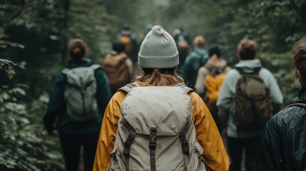 A tour group sporting various styles of backpacks traverses a natural forest path. The central figure wears a grey beanie and a light grey backpack.