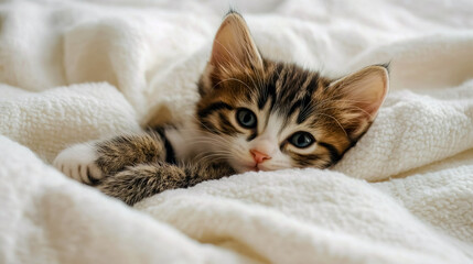 A small kitten laying on top of a white blanket.