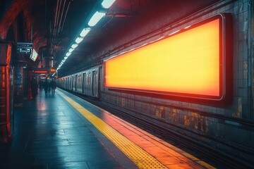 modern train station featuring sleek blank billboard illuminated showcase for advertising urban setting with commuters futuristic design elements