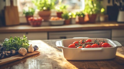 A cozy kitchen scene with fresh tomatoes and herbs on a wooden table.