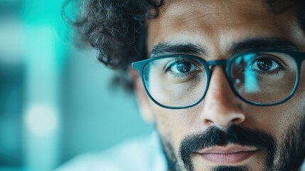 The image features a person with curly hair, wearing stylish glasses and looking aside, showcasing the mix of natural beauty and modern fashion elements.