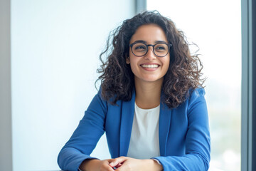 Wall Mural - An Indian businesswoman in her 30s, wearing glasses, is happily smiling while sitting in her office in front of a window.