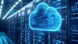 © Daylife - Futuristic cloud computing concept with glowing cloud graphic in a server room, symbolizing data storage and digital technology.