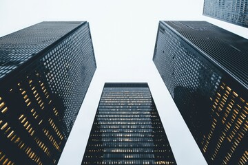 Poster - Three Modern Skyscrapers with Glass Facades and Illuminations