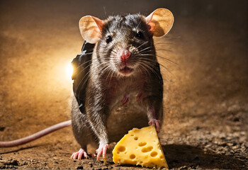 Wall Mural - Rat eating cheese. Pests in agriculture and households.