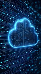 A vibrant cloud symbol surrounded by digital circuits, representing innovative technology and the concept of cloud computing.