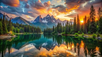 Wall Mural - Vibrant sunset illuminates majestic mountain peaks, serene forest, and tranquil lake, creating a breathtaking scenery perfect for a stunning high-resolution 4K nature desktop wallpaper.