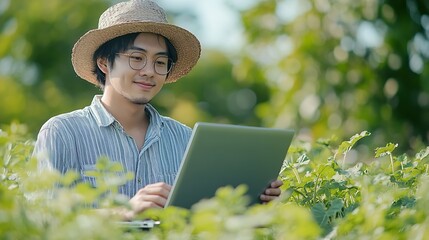 Aufkleber - A young Asian male farmer uses a laptop to analyze evaluate and trade his cash crops : Generative AI