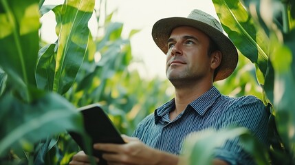 Fototapete - Farmer man in corn field works with computer Business Farm Agriculture concept Farmer with computer tablet in green corn field Modern digital technologies Worker works on farm Agronomi : Generative AI